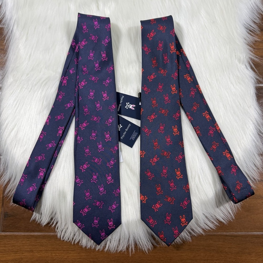 Lot of 2 Psycho Bunny Men Blue Multicolor Bunny Logo 100% Silk Necktie Tie